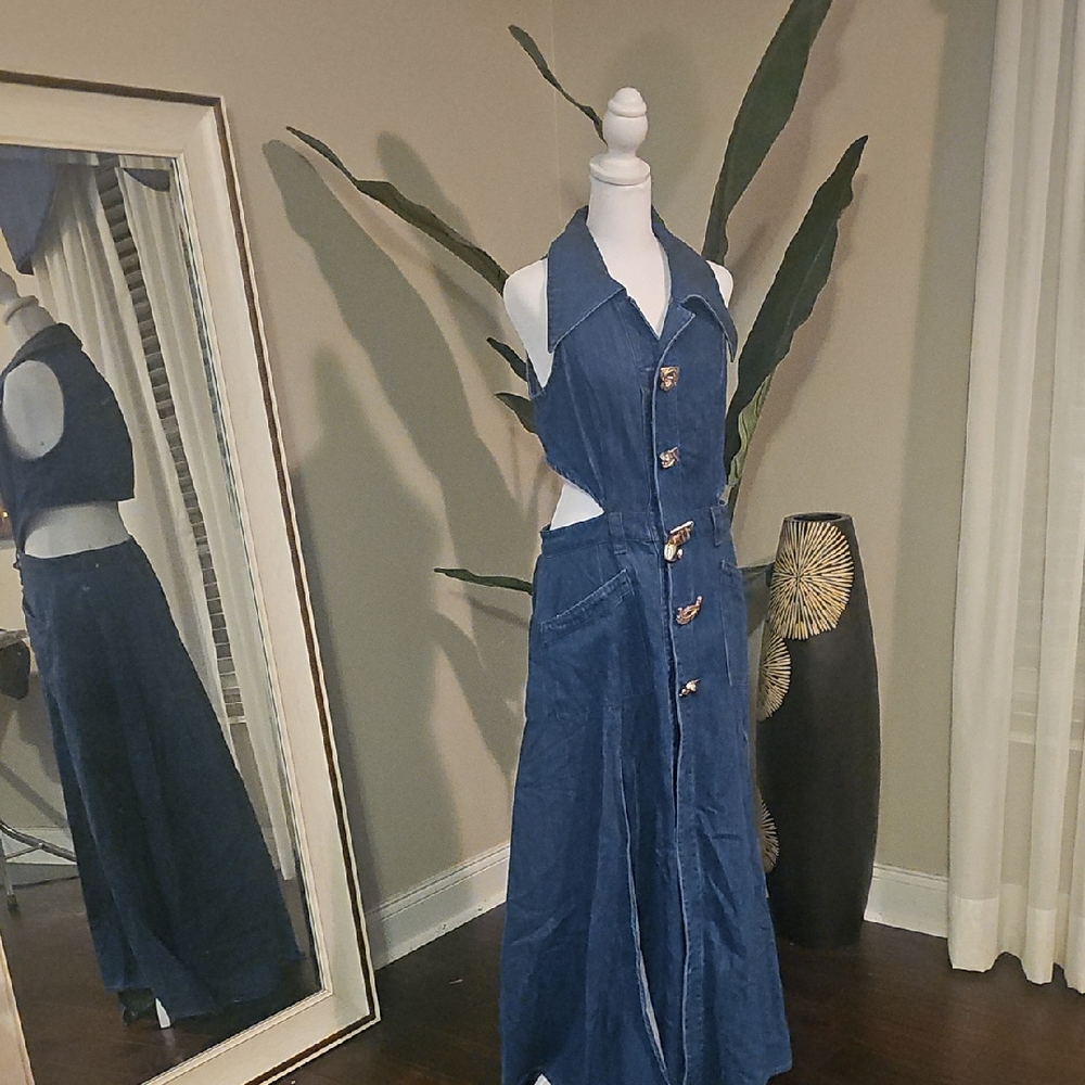 Cut Out Stretchy Sleeveless Maxi Denim Dresses